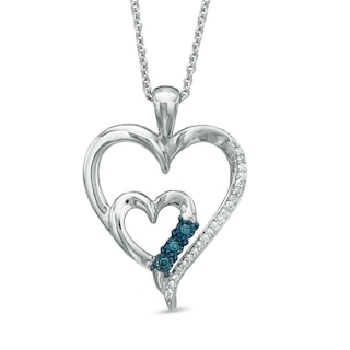 0.09 CT. T.W. Enhanced Blue and White Diamond Double Heart Pendant in Sterling Silver