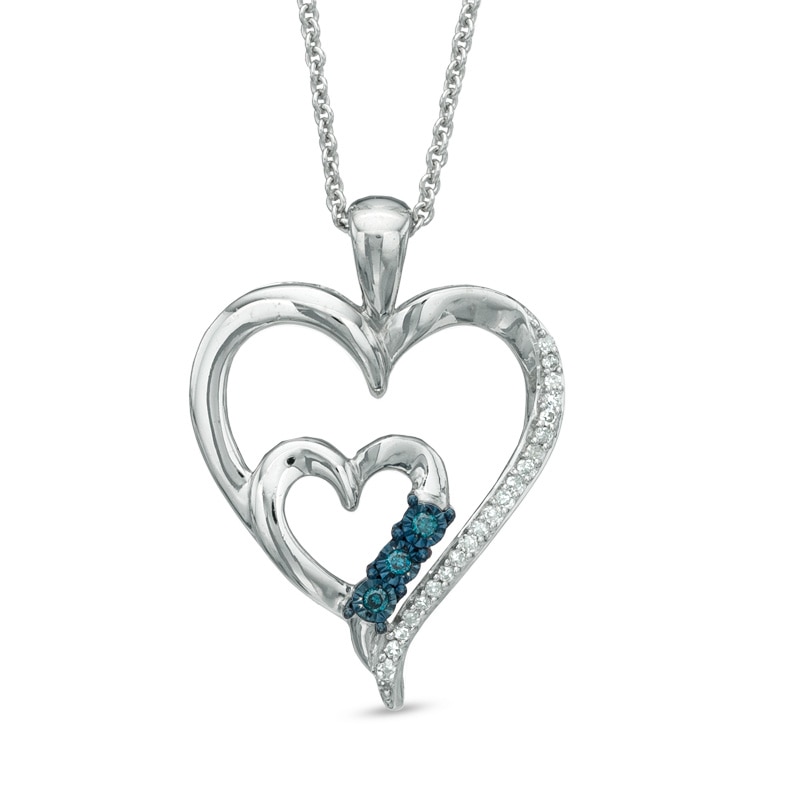 0.09 CT. T.W. Enhanced Blue and White Diamond Double Heart Pendant in Sterling Silver|Peoples Jewellers