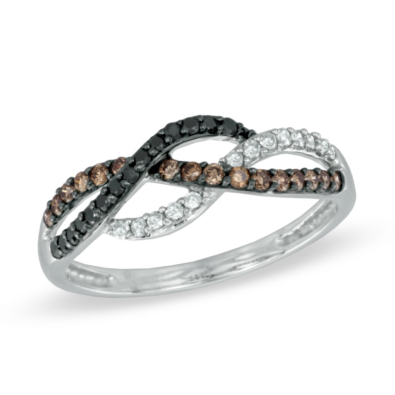 0.34 CT. T.W. Enhanced Black, Champagne and White Diamond Loose Braid Ring in 10K White Gold