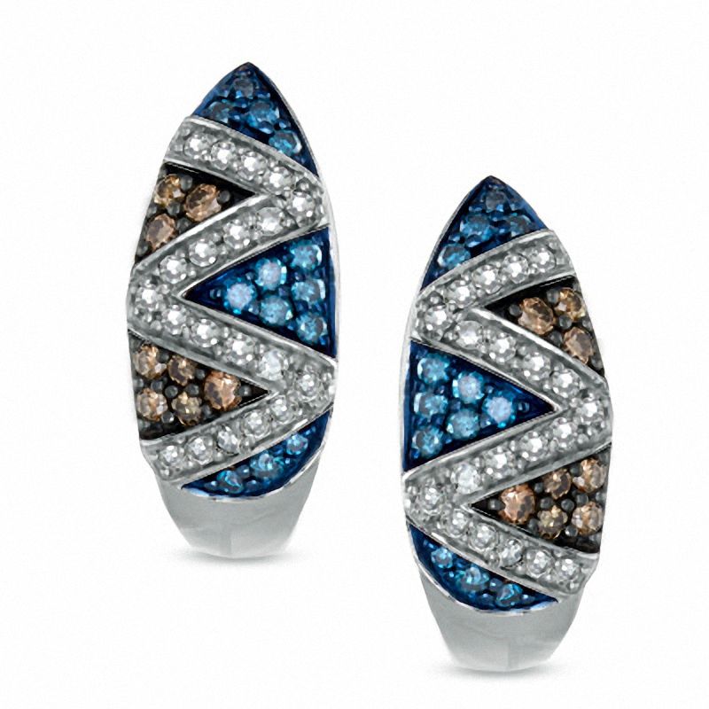 0.74 CT. T.W. Enhanced Blue Champagne and White Diamond Zig-Zag Hoop Earrings in 10K White Gold|Peoples Jewellers