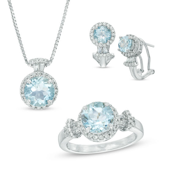 Aquamarine and Lab-Created White Sapphire Pendant, Ring and Earrings Set in Sterling Silver - Size 7