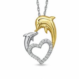 0.12 CT. T.W. Diamond Kissing Dolphins Heart Pendant in Sterling Silver with 14K Gold Plate