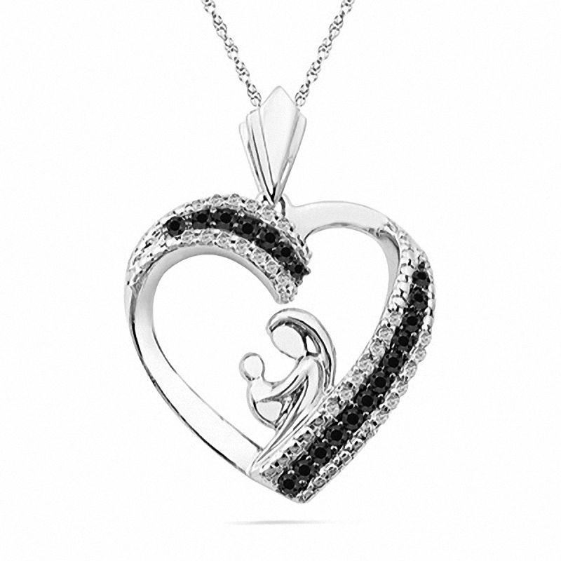 0.33 CT. T.W. Black and White Diamond Motherly Love Heart Pendant in Sterling Silver|Peoples Jewellers