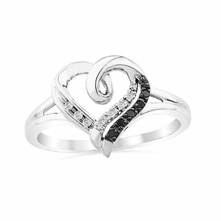 0.05 CT. T.W. Black and White Diamond Heart Promise Ring in Sterling Silver