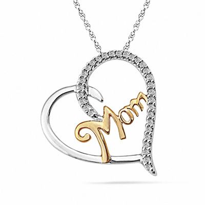 Diamond Accent Heart-Shaped "MOM" Pendant in Two-Tone Sterling Silver