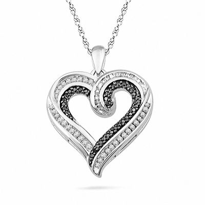 0.50 CT. T.W. Enhanced Black and White Diamond Heart-Shaped Pendant in Sterling Silver