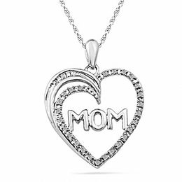 0.10 CT. T.W. Diamond Heart with &quot;MOM&quot; Pendant in Sterling Silver