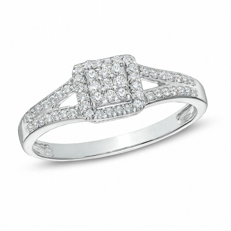 0.25 CT. T.W. Diamond Square Frame Split Shank Promise Ring in Sterling Silver|Peoples Jewellers