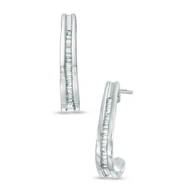 0.16 CT. T.W. Baguette Diamond J-Hoop Earrings in Sterling Silver