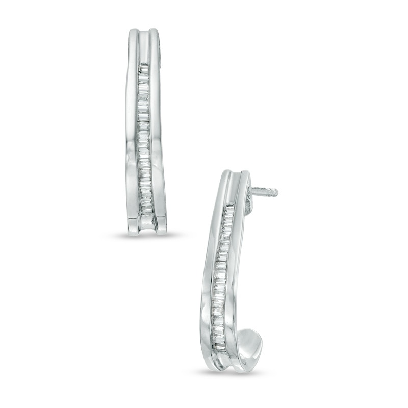 0.16 CT. T.W. Baguette Diamond J-Hoop Earrings in Sterling Silver|Peoples Jewellers