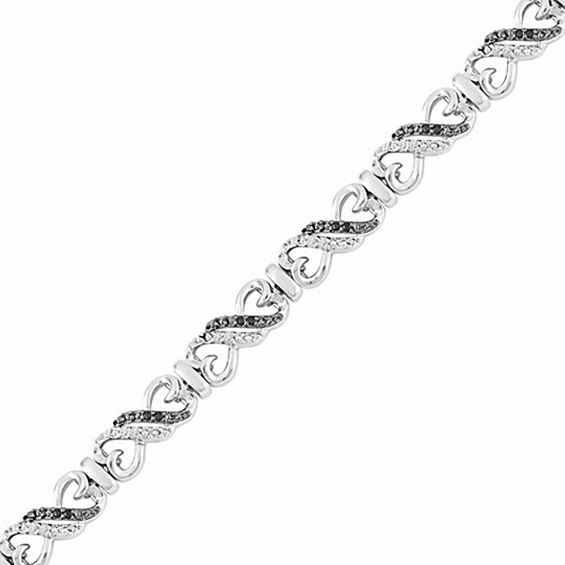 0.25 CT. T.W. Enhanced Black and White Diamond Alternating Hearts Bracelet in Sterling Silver