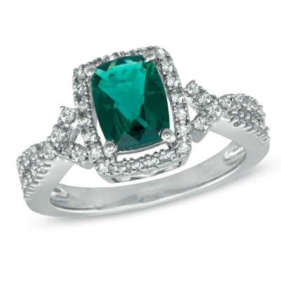 Cushion-Cut Lab-Created Emerald and White Sapphire Ring in Sterling Silver