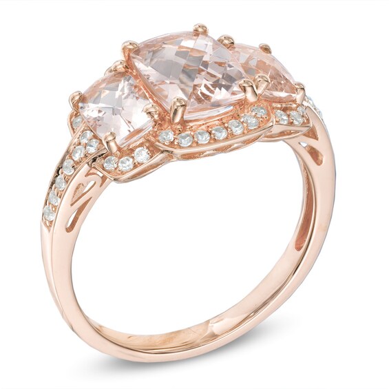 Cushion-Cut Morganite and Lab-Created White Sapphire Three Stone Ring in 10K Rose Gold