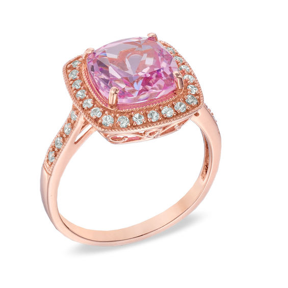 9.0mm Cushion-Cut Lab-Created Pink and White Sapphire Ring in Sterling Silver with 14K Rose Gold Plate