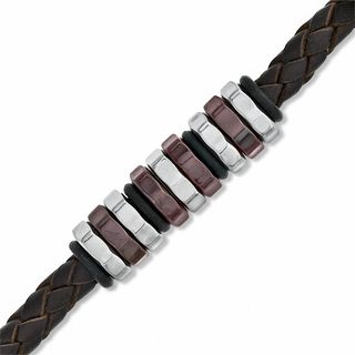 Men's Brown Braided Leather and Two-Tone Stainless Steel Disc Bead Bracelet - 8.75"