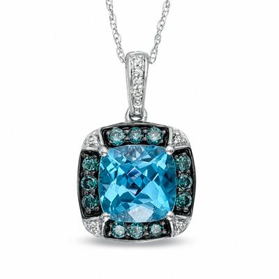 8.0mm Cushion-Cut Swiss Blue Topaz and 0.32 CT. T.W. Enhanced Blue and White Diamond Frame Pendant in 10K White Gold