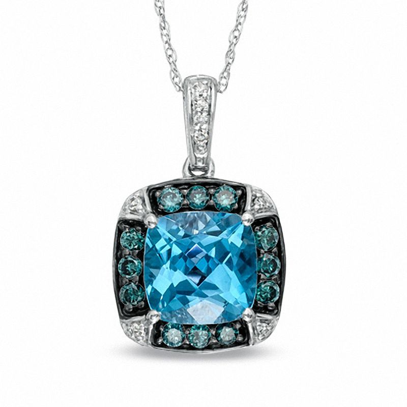 8.0mm Cushion-Cut Swiss Blue Topaz and 0.32 CT. T.W. Enhanced Blue and White Diamond Frame Pendant in 10K White Gold|Peoples Jewellers