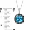 8.0mm Cushion-Cut Swiss Blue Topaz and 0.32 CT. T.W. Enhanced Blue and White Diamond Frame Pendant in 10K White Gold