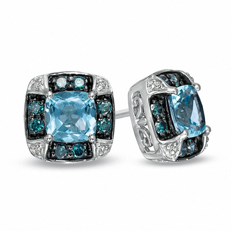 6.0mm Cushion-Cut Swiss Blue Topaz and 0.41 CT. T.W. Enhanced Blue and White Diamond Frame Earrings in 10K White Gold|Peoples Jewellers