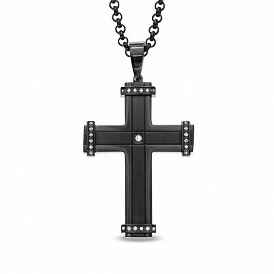 Men's 0.15 CT. T.W. Diamond Cross Pendant in Black IP Stainless Steel - 24"