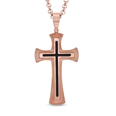 Men's Stacked Cross Pendant in Black Resin and Rose-Tone IP Stainless Steel - 24"