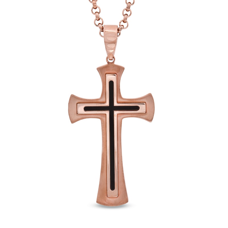 Men's Stacked Cross Pendant in Black Resin and Rose-Tone IP Stainless Steel - 24"