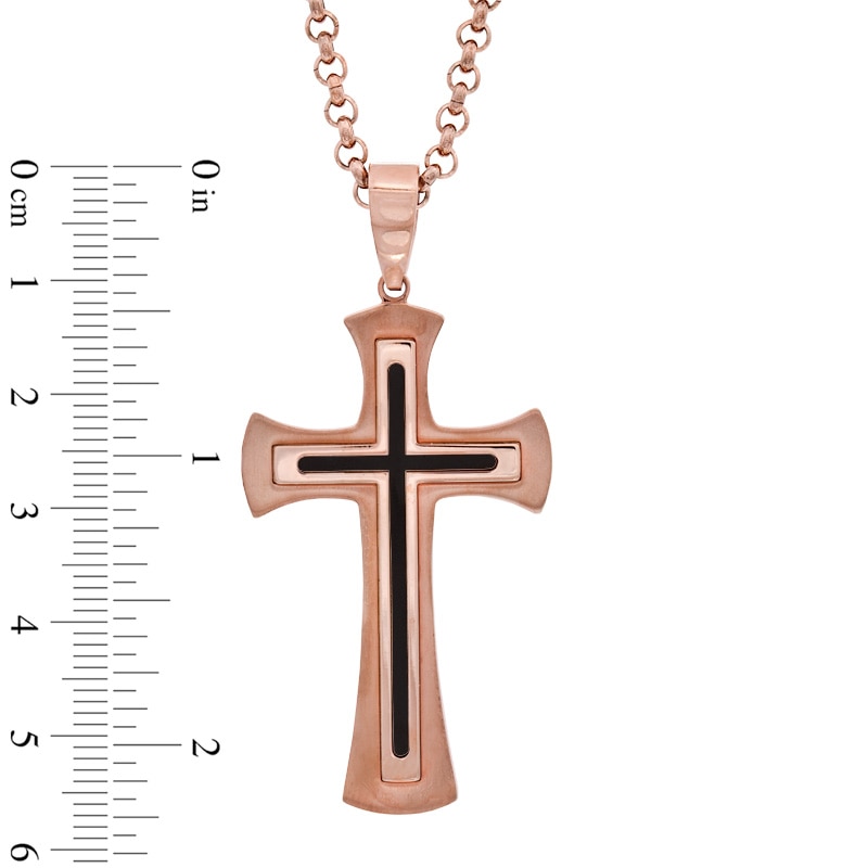 Men's Stacked Cross Pendant in Black Resin and Rose-Tone IP Stainless Steel - 24"