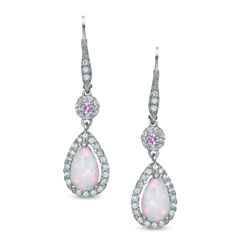 Pear-Shaped Lab-Created Opal and Pink and White Sapphire Drop Earrings in Sterling Silver|Peoples Jewellers