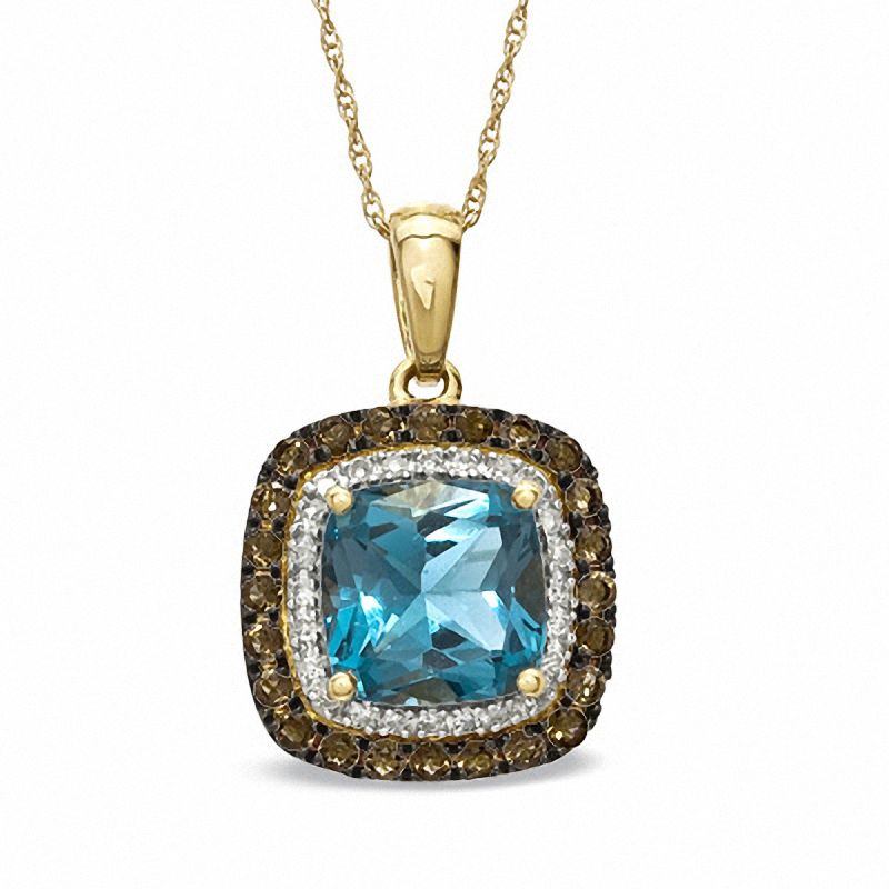 Main Image 1 of 8.0mm Cushion-Cut London Blue Topaz, Smoky Quartz and 0.09 CT. T.W. Diamond Pendant in 10K Gold