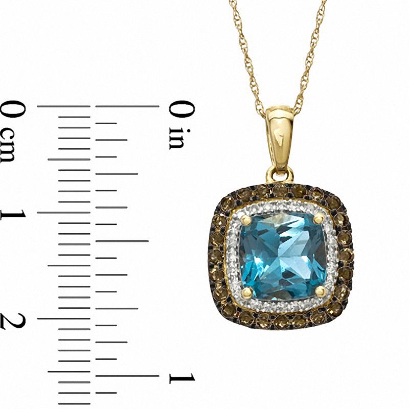 Main Image 2 of 8.0mm Cushion-Cut London Blue Topaz, Smoky Quartz and 0.09 CT. T.W. Diamond Pendant in 10K Gold