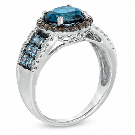 8.0mm London Blue Topaz, Smoky Quartz and 0.13 CT. T.W. Diamond Ring in 10K White Gold