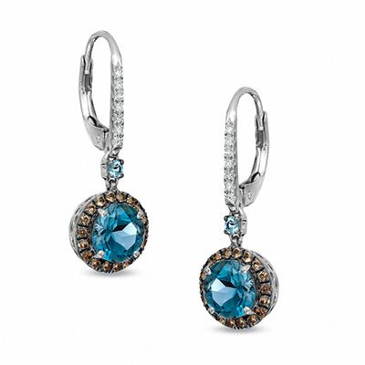 7.0mm London Blue Topaz, Smoky Quartz and Diamond Accent Earrings in 10K White Gold