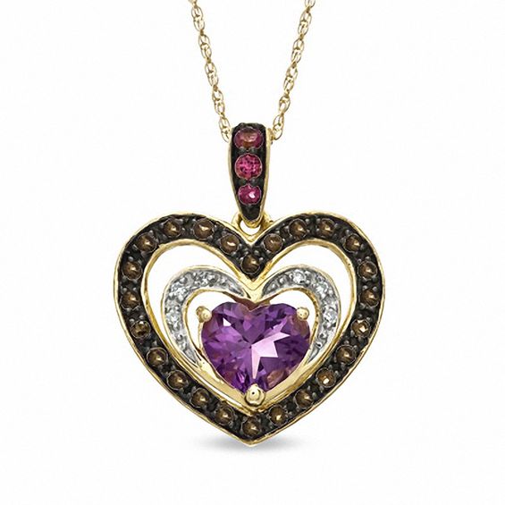 Heart-Shaped Amethyst, Smoky Quartz, Pink Tourmaline and Diamond Accent Triple Heart Pendant in 10K Gold