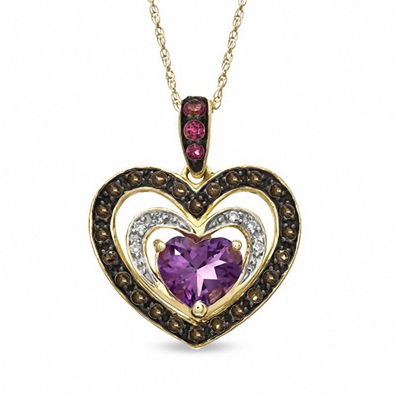 Heart-Shaped Amethyst, Smoky Quartz, Pink Tourmaline and Diamond Accent Triple Heart Pendant in 10K Gold|Peoples Jewellers
