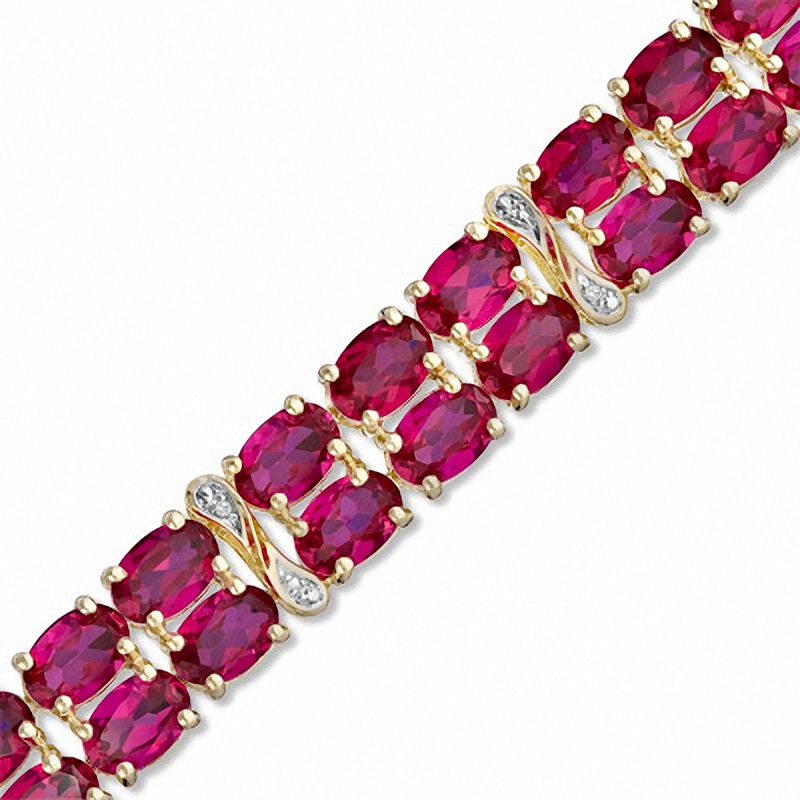 Oval Lab-Created Ruby and Diamond Accent Double Row Bracelet in 14K Gold Vermeil - 7.25"|Peoples Jewellers