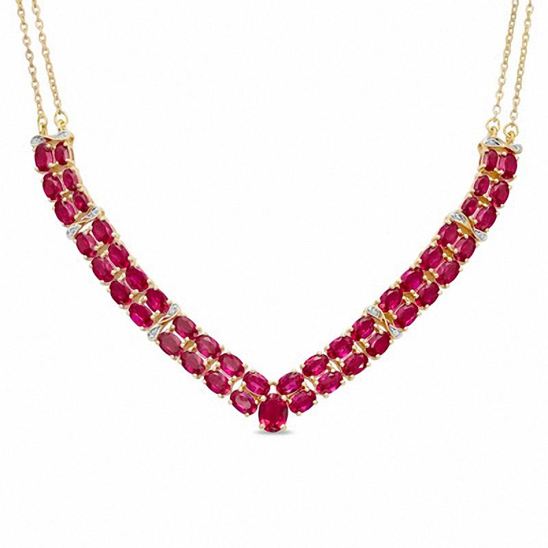 Oval Lab-Created Ruby and Diamond Accent Double Row Chevron Necklace in 14K Gold Vermeil|Peoples Jewellers