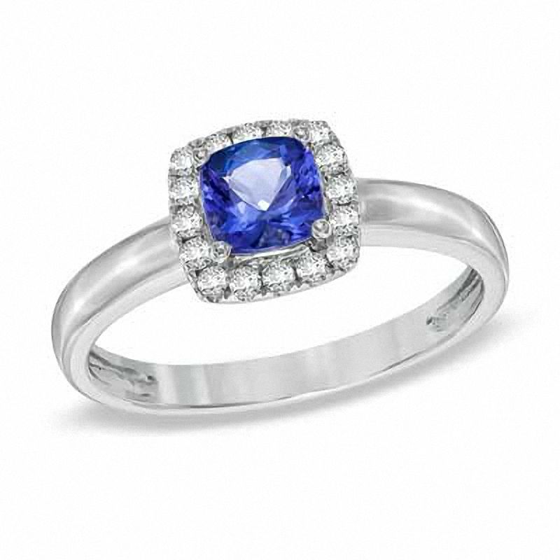 5.0mm Cushion-Cut Tanzanite and 0.14 CT. T.W. Diamond Ring in 10K White Gold|Peoples Jewellers
