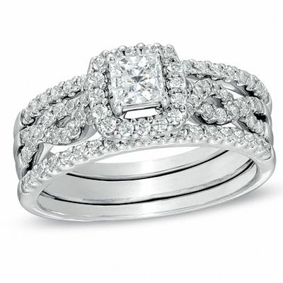 0.78 CT. T.W. Princess-Cut Diamond Bridal Set in 14K White Gold