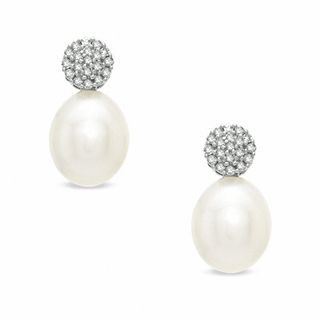 Honora 7.5-8.0mm Freshwater Cultured Pearl and Diamond Accent Drop Earrings in Sterling Silver