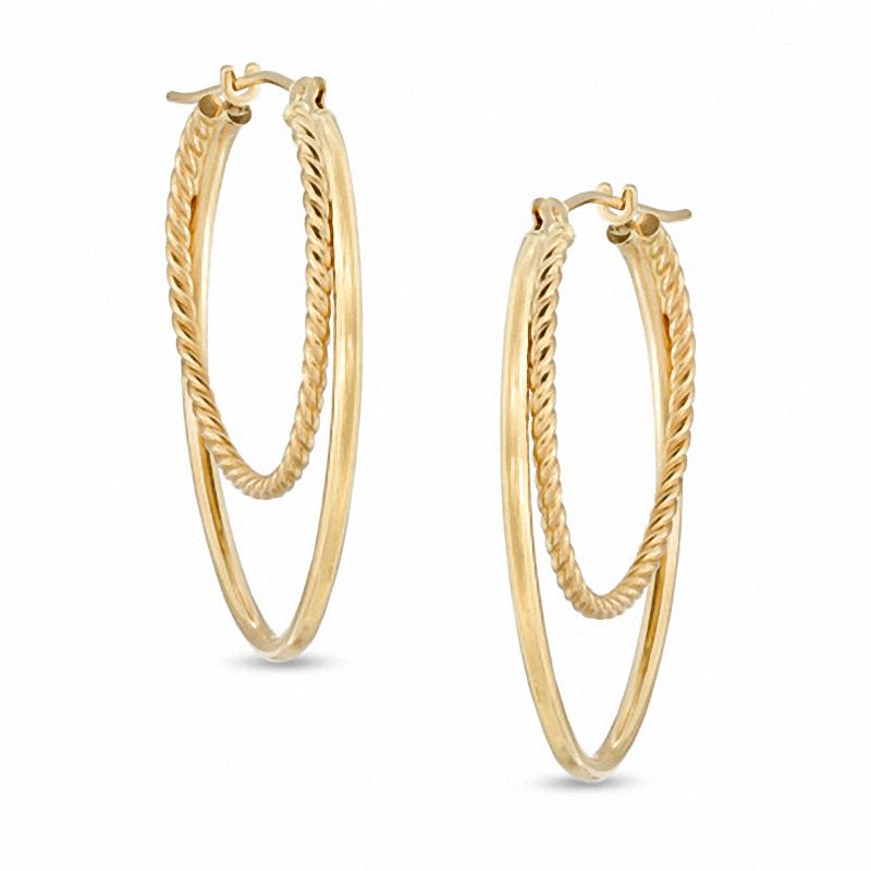 20mm Double Oval Textured Hoop Earrings in 14K Gold|Peoples Jewellers