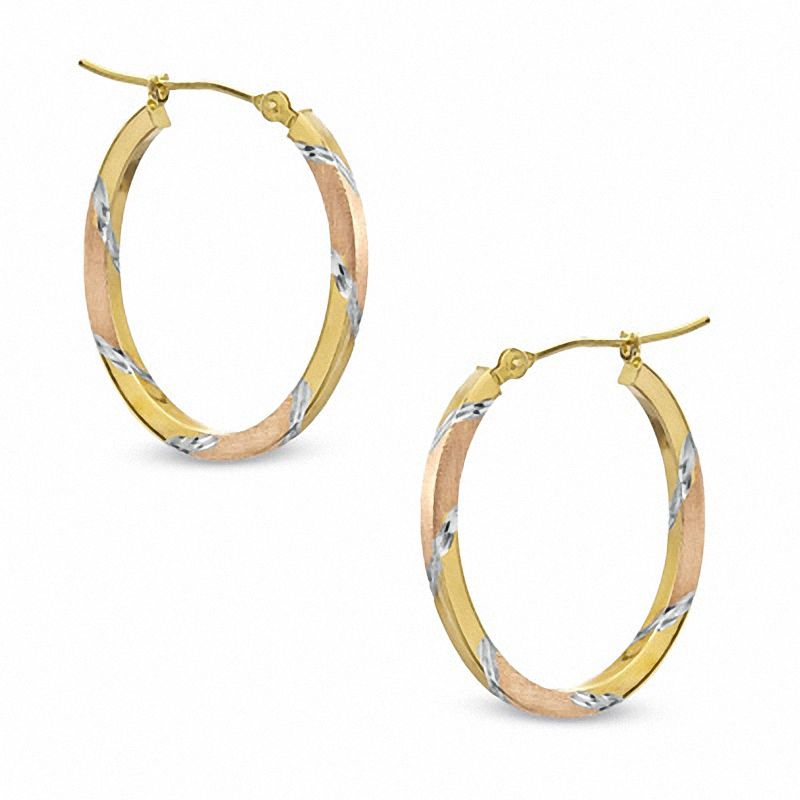 22mm Oval Tri-Tone Hoop Earrings in 14K Gold