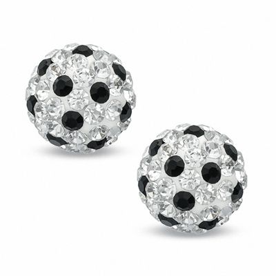 Black and White Crystal Ball Stud Earrings in 14K White Gold