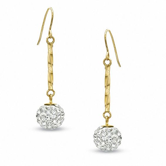 White Crystal Ball Twisted Drop Earrings in 14K Gold