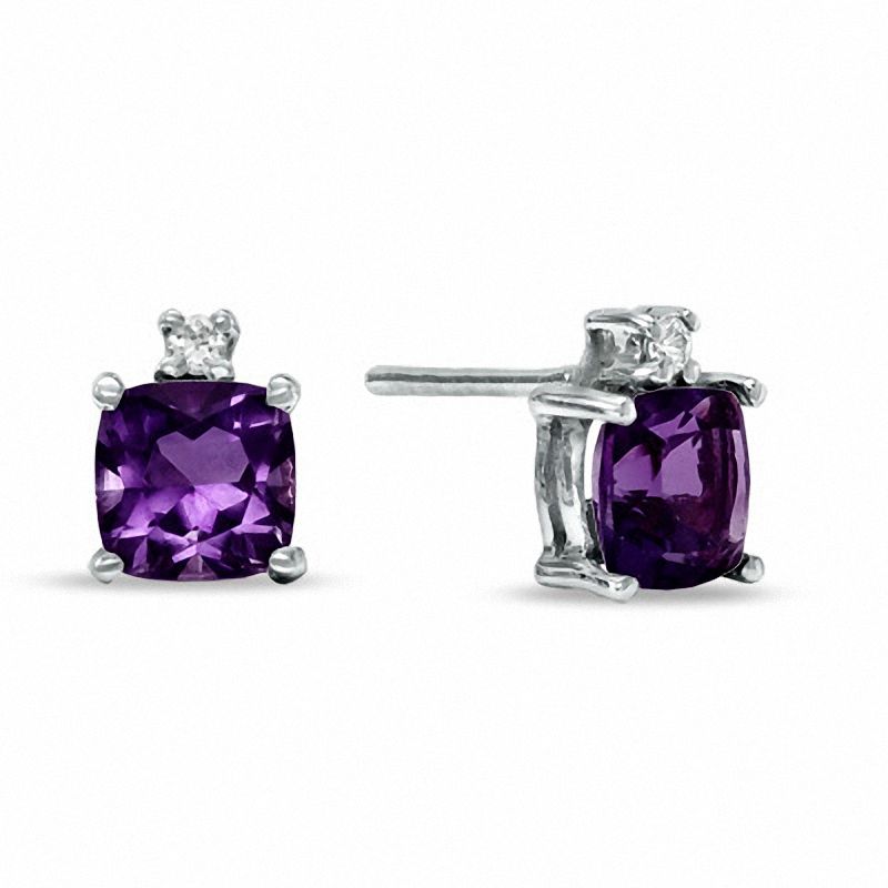 5.0mm Cushion-Cut Amethyst and Lab-Created White Sapphire Stud Earrings in 10K White Gold