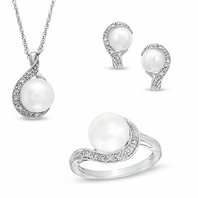 7.0-9.0mm Freshwater Cultured Pearl and Diamond Accent Pendant, Ring and Earrings Set in Sterling Silver