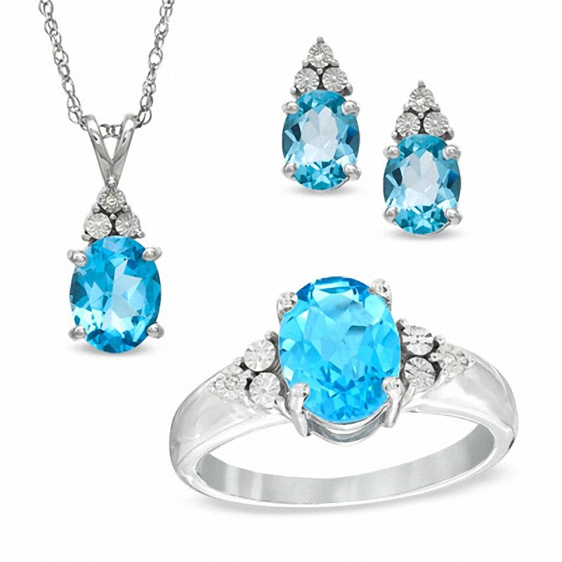 Oval Swiss Blue Topaz and Diamond Accent Pendant, Ring and Earrings Set in Sterling Silver - Size 7