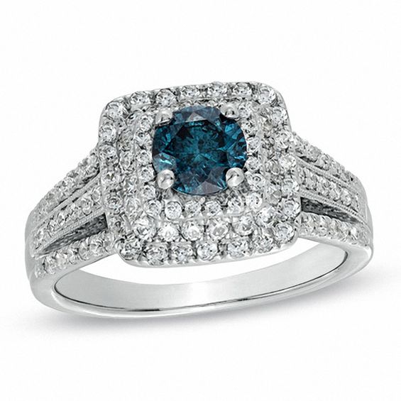 1.58 CT. T.W. Enhanced Blue and White Diamond Vintage-Style Ring in 14K White Gold