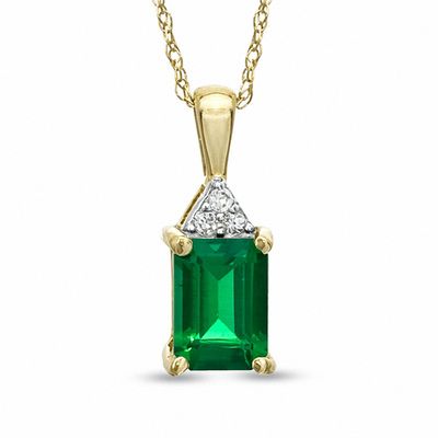 Emerald-Cut Lab-Created Emerald and White Sapphire Pendant in 10K Gold