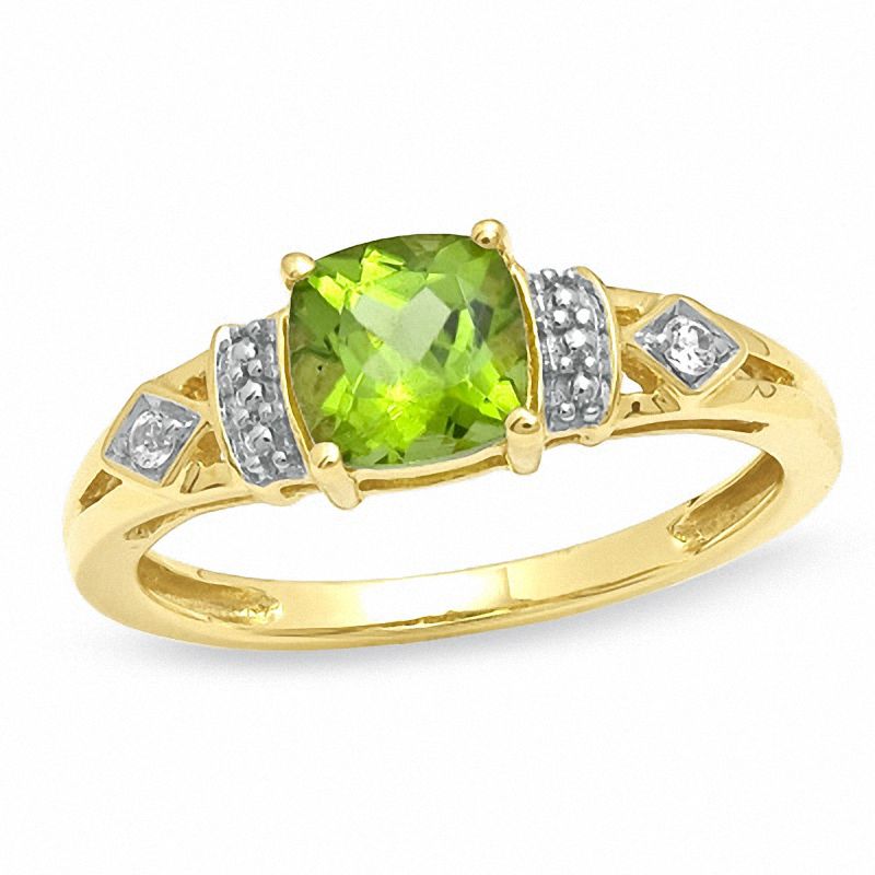 6.0mm Cushion-Cut Peridot and Lab-Created White Sapphire Ring in 10K Gold