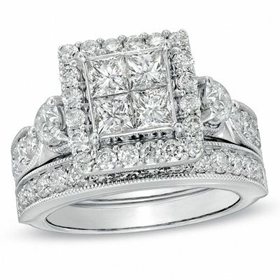 3.00 CT. T.W. Princess-Cut Quad Diamond Square Frame Bridal Set in 14K White Gold